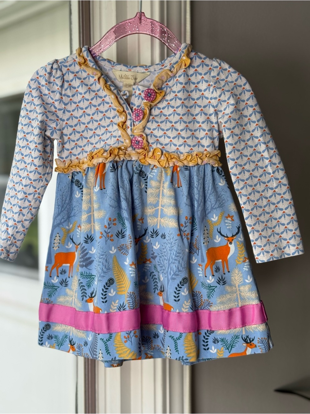 +NWOT Matilda Jane Baby Girl Blue Woodland Deer Ruffle Twirl Dress 12-18M